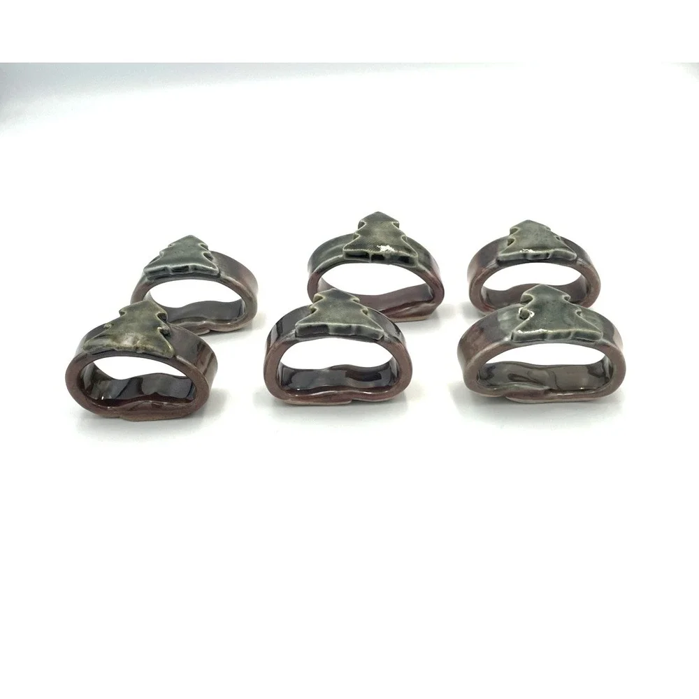 Ceramic Christmas Tree Napkin Holders Rings Set of‎ 6 Hand Made Pottery